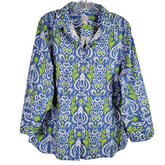 Chicos Shirt Women Size 2 US L Large Blue Green Ikat Cotton Stretch No Iron - Picture 2 of 9